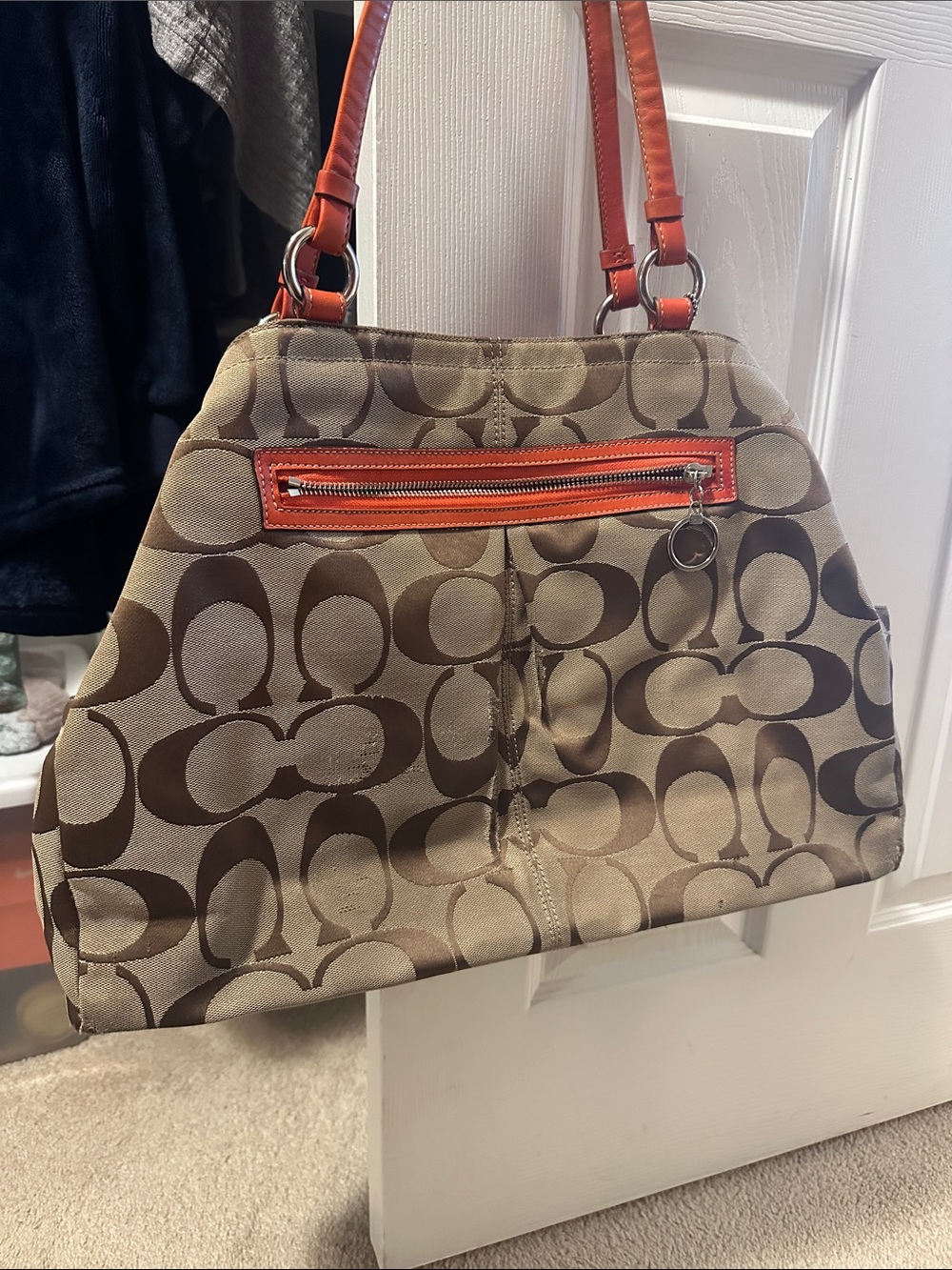 Coach Brown Signature Canvas Shoulder Bag with Orange Trim